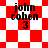 Red and white checkered background with black text reading 'john cohen 3' in four distinct arrangements across the image.
