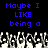 Blue pixelated text on black background reads "Maybe I LIKE being a" above a of white and gray pixelated hands raised in the air