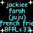 Pixelated cyan text on black background with white starbursts, displaying repeated names and phrases in a