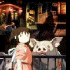 Four distinct anime scenes arranged in a : top-left shows a girl with brown hair and white face standing next to a pig-like creature behind a railing; top-right depicts two characters embracing, one wearing a red headband; bottom-left features a figure in red clothing under floating lights at night; bottom-right displays a large green cat-like creature holding a small character near a yellow moon