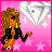 Pixelated cartoon woman with curly brown hair and blue eyes, wearing black jacket over orange top, standing against pink starry background with large diamond graphic.