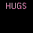 Pixelated pink text on black background displays 'HUGS FOR everyone! everyone!' with heart symbols and exclamation marks in a