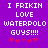 Purple background with white pixelated text reading "I FRIKIN LOVE WATERPOLO GUYS!!!!" and five red pixelated stars below the text.