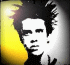 A black-and-white image of a person with spiky hair and yellow light on the left, next to a screaming figure with red eyes and pointed ears.