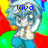 Pixelated anime-style character with light blue hair and large eyes, wearing a white top and blue pants against a colorful striped background.