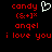 Red pixelated text on black background with white heart symbol, displaying 'candy', '(S+)', 'angel', and 'i love you' in two identical