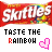 A contact sheet of 12 animated frames showing a Skittles candy bar wrapper with "Taste the Rainbow" text and pink heart icons, arranged in a 4x3 grid on a gray background.