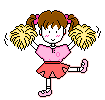 Pixelated cheerleader with brown pigtails, pink top, red skirt, and yellow pom-poms in two poses with one leg raised.