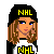 Pixel art contact sheet showing three frames of an animated hockey-themed icon with a female character and text overlay.