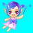 Pixelated cartoon character with blue hair and purple outfit floating against cyan background.