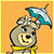 Pixelated cartoon bear holding a striped umbrella on an orange background with green text reading "Original Icons .com" on the right side of the image.