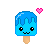 Pixel art popsicle icon with blue body, brown stick, and pink heart; three variations show open eyes, closed eyes, and a smaller version.