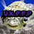 Pixelated cartoon fish with blue eyes and a smiling mouth, set against a solid blue background.