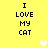 Yellow background with black text reading "I LOVE MY CAT" in four vertical , two white pixel hearts appear and disappear between the