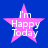Four pink star-shaped icons with white text reading "I'm Happy Today" on a blue background, each showing slight variations in pixel alignment.