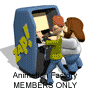 Animated sequence showing two cartoon figures interacting with a blue machine labeled 'ZAP!' while text below reads 'Animal Factory MEMBERS ONLY' with changing screen colors.