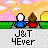 Pixel art scene with two figures holding hands on a path, pink mountains, yellow sun, and clouds; text "J&T 4Ever" below.