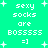 Pixelated green background with white text reading 'sexy socks are BOSSSSS =]' and scattered plus signs, displayed in a of four identical