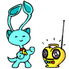 A cyan cartoon character with leaf-shaped ears and a yellow collar stands next to a yellow radio-like object, showing sequential pose changes.