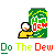 Pixel art animation of a character interacting with a green and red 'Dew' can, showing text and facial expression changes.