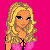 Pixelated character with blonde hair and blue eyes in pink top, shown from multiple angles against bright pink background.