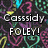 A static buddy icon with a dark background filled with colorful heart shapes and text reading 'Cassidy FOLEY! hi love:)' in white pixelated font.