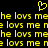 Yellow pixelated text repeats 'he loves me he loves me re' on black background with yellow heart symbol above.