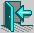 Pixelated teal door with white doorknob opens leftward, revealing gray interior and light blue arrow pointing left, then closes to solid door with no arrow.