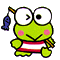 Green cartoon frog with pink cheeks holds red-and-white striped object, blue fish-shaped prop on left; one view shows inverted pose and reversed eye direction.