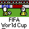 Animated contact sheet of 15 sequential frames showing a FIFA World Cup-themed buddy icon with soccer players, ball animations, and changing background elements on a gray transparency grid.