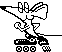 Pixelated skater with large ears and three vertical eyes on a gray background, shown in four sequential poses.