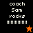 A pixelated buddy icon with text 'coach Sam rocks' and exclamation marks, featuring two distinct color schemes and star symbols.