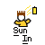 Pixelated character with brown crown-like hair, yellow shirt, white face; text "Sun In" below; animated battery icon above head.