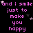Pixelated text repeats 'and i smile and i smile and i smile and i smile just to make you happy' in pink on black with scattered stars.