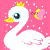 Pixelated white duck with yellow beak and crown, large blue eye, pink background with sparkles and heart-shaped object.