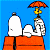 Pixelated cartoon image of Snoopy and Woodstock on a doghouse with an umbrella, next to green text reading "Original Icons .com" on dark background.
