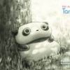 A grayscale cartoon character with large circular eyes and a small nose peeks from behind a textured tree trunk in a grassy field.