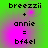 Green and pink gradient background with pixelated text displaying 'breezzii + annie = bf4el' in four identical