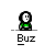 Pixelated character with black circular head, green torso, and red accents in various poses above 'Buz' text on gray background.
