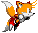 Four pixelated frames of an orange fox-like character with white accents, red shorts, and black shoes in mid-air poses against a gray background.