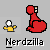 Red cartoon character with white eyes and yellow hands sits on gray background, text below reads 'Nerdzilla eats midgets' in pixelated font.
