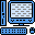 Pixel art of three blue computer monitors with gray patterns on screens, accompanied by matching keyboards and mice on a light gray background