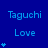 Blue background with repeated 'Taguchi' and 'Love' text in light blue, each paired with a vertical stack of blue stars that varies in height across positions.