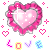 Pixelated heart-shaped icon with pink and white colors, surrounded by smaller hearts and stars on a gray background.