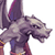 Pixelated static image of a purple and gray cartoon dragon-like creature with large ears, visible teeth, and partial body showing red accents on limbs against white background.
