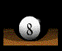 Animated sequence of a black and white 8-ball rolling across a brown textured surface with visible light reflections.