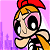 A 4-frame animated contact sheet showing a cartoon character with orange hair, red headband, and large black eyes in various poses against a pink background with yellow stars.