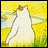 A pixelated image of a white cat with a brown patch on its head standing in a yellow field, next to a black with white text reading "AnimeIM" and "com"