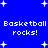 Blue background with white pixelated stars and repeated text "Basketball Basketball rocks!" in four quadrants.