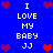 Blue background with white text "I LOVE MY BABY JJ" repeated in two , surrounded by red and purple pixelated hearts